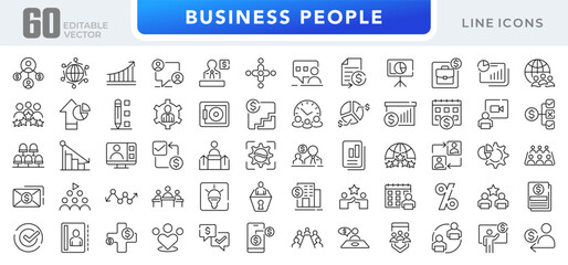 Business people linear icon set. Management, skills, practice, training, networking, knowledge, goal, setting, progress, coaching, meeting outline icons. Ui thin line icon pack.