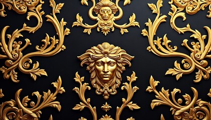 Golden Medusa and Ornament on Black Background