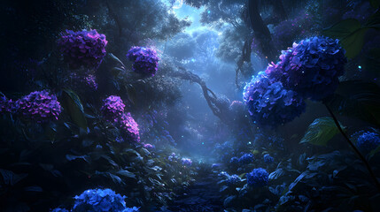 A fairy-tale garden with hydrangea bushes in shades of blue and pink.