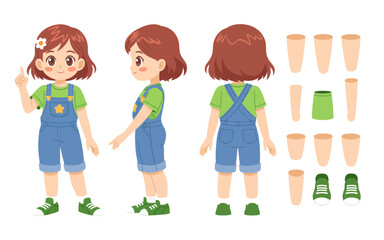 "Anime Character Turnaround – Front, Side, and Back Views of Girl in Denim Overalls and Green T-Shirt"