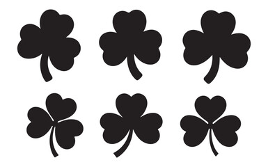 Six stylized shamrock silhouettes offer versatile design elements for St Patricks Day celebrations Irish themes and spring motifs.