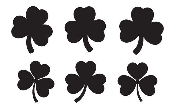 Six stylized shamrock silhouettes offer versatile design elements for St Patricks Day celebrations Irish themes and spring motifs.