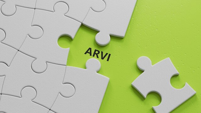 The white puzzle pieces with missing pieces with the word arvi. Care concept.close up of The white puzzle pieces with missing pieces,Business Concept.3D rendering on green background.