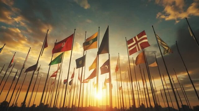 Flags of Various Nations at Sunset, Symbolizing Unity and Diversity