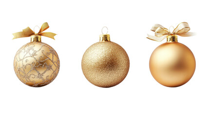 Set of golden Christmas balls with festive ribbons Transparent background, PNG file