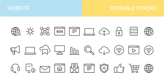 Website editable stroke icon set featuring internet and web design