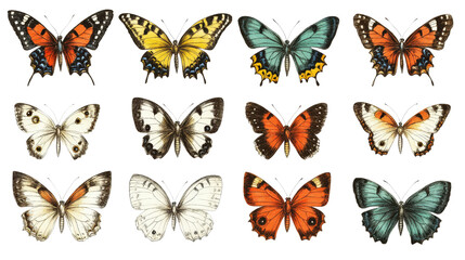Set of vintage hand-drawn butterfly illustrations in pastel tones, perfectly aligned in rows for educational or botanical use, Transparent background, PNG file