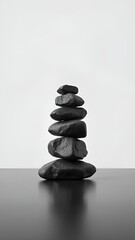 Grayscale Slate Rock Stack on Reflective Surface Minimalist Studio Shot