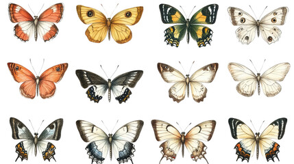 Set of vintage hand-drawn butterfly illustrations in pastel tones, perfectly aligned in rows for educational or botanical use, Transparent background, PNG file