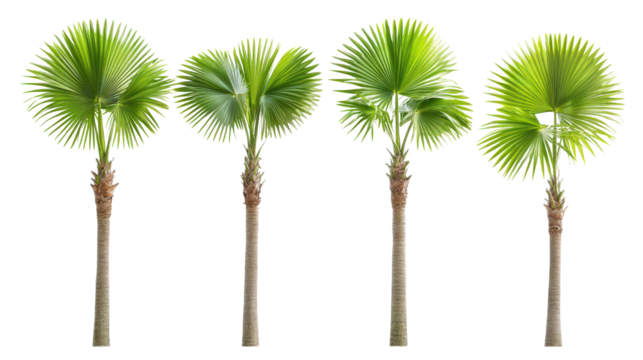 Set of vibrant Sabal palms with lush green fan-shaped leaves, front view, Transparent background, PNG file