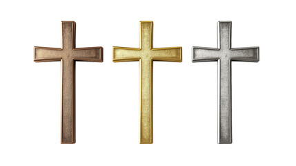 Three-metal Christian Cross Set in gold, silver, and bronze, crafted with clean edges and spiritual symbolism for Christianity and divine faith, Transparent background, PNG file