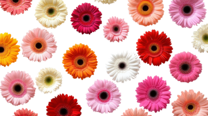 Top view of a colorful assortment of Gerbera daisy heads, forming a pattern, Transparent background, PNG file