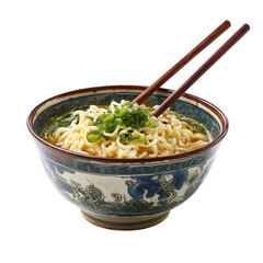 A bowl of ramen with green onions and chopsticks resting on top against a black background image on transparent background