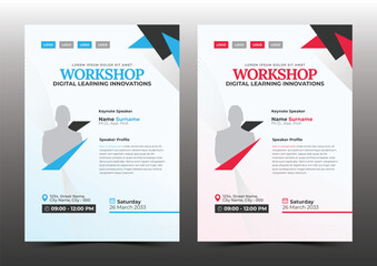 Modern and clean business workshop flyer template design. Digital learning and event seminar flyer design with red and blue color variations.