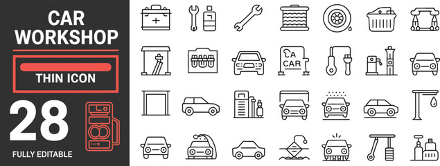 Car workshop thin line icon set for auto repair and service