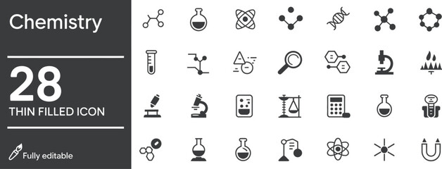 Chemistry thin filled icon set for science and laboratory research
