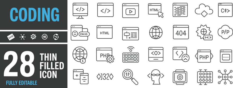 Coding icons depicting programming elements isolated on white background