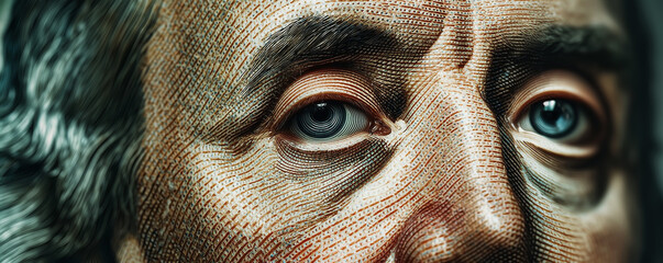 Benjamin Franklin eyes on new 100 dollars banknote. close up. success concept.