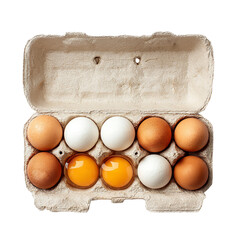 A carton of ten eggs with brown and white shells and two cracked eggs showing the yellow yolks inside on transparent background