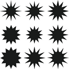 Collection of nine black starburst shapes isolated on white background