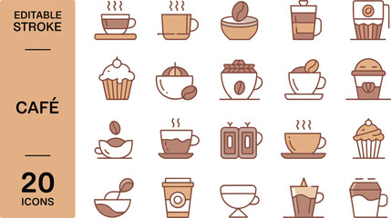 Collection of cafe and coffee icons in line art style