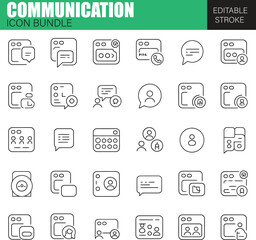 Modern Flat Communication Icon Bundle Featuring Messaging, Email, Chat Bubbles, Video Calls, Phone Conversations, Social Media, and Global Connectivity Symbols