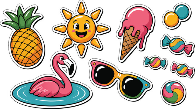 Summer Fun Stickers Pineapple Flamingo Sun Ice Cream Candy - Powered by Adobe