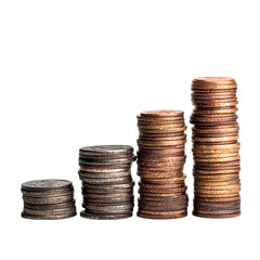 Stacks of coins arranged in increasing height on a black background representing growth and finance on transparent background