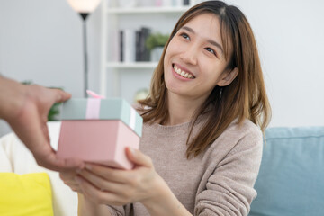 Asian beautiful woman smile surprise face expression . female feels wow. exciting smile and happy...