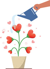 Concept of love growth up. Flower hearts shape in a pot, Watering trees concept. 