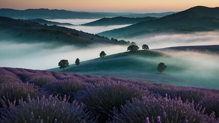 Misty sunrise over lavender fields and rolling hills