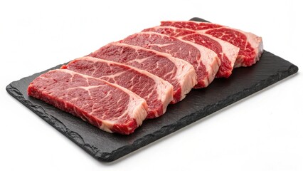 Raw beef steaks arranged on a black slate serving board, ready for cooking