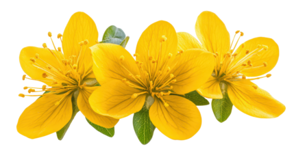 Bright and sharp Hypericum monogynum flower cluster frontal cut out, vivid yellow with natural details, Transparent background, PNG file