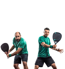 Two professional padel players with rackets isolated on white background. Open social tournament...