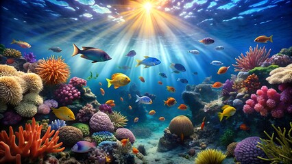 Fototapeta premium Vibrant coral reef teeming with colorful fish swimming in sunlit ocean