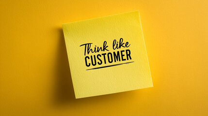Think like customer message written on sticky note isolated on yellow background representing customer centric mindset and marketing strategy