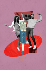 Trendy art creative zine photo collage of happy girl guy dance weekend karaoke event interview...