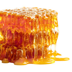 Close up shot of a honey comb with honey dripping down the sides on a black background showing the texture on transparent background
