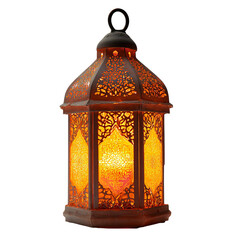 Illuminated decorative lantern with intricate patterns casting a warm glow on a black background on transparent background