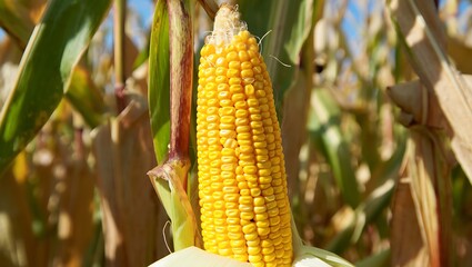 Ripe yellow corn cob growing in a sunny field