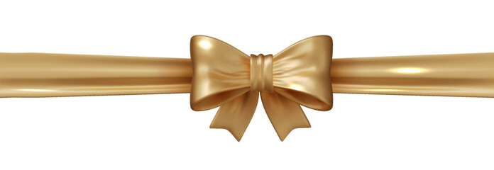 Golden bow realistic with horizontal ribbon isolated on white background. Realistic shiny satin ribbon vector bow. PNG