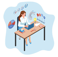 Business online education concept with woman effectively utilizing a laptop for her studies, complemented by diverse tables and charts.  Isometric flat illustration design.
