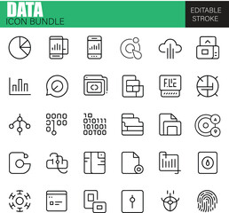 Flat Style Data Icon Set Featuring Databases, Analytics, Cloud Sync, File Sharing, Graphs, Reports, and Digital Storage for Web and App Interfaces