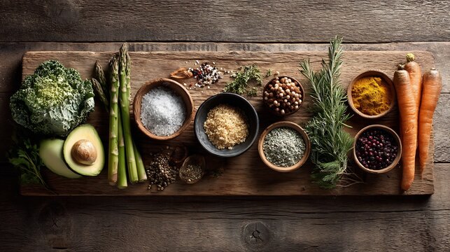 Rustic wooden board featuring fresh vegetables and assorted spices for healthy food