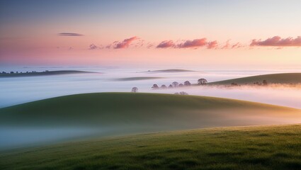 Fototapeta premium A peaceful sunrise over a foggy hill, with the soft light gradually illuminating the landscape 