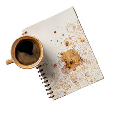 A coffee cup and a notebook with coffee stains and doodles on a black background top down view on transparent background