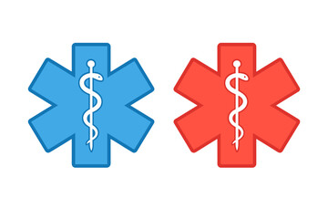 Vector illustration featuring a medical star symbol available in two distinct color options: blue and red