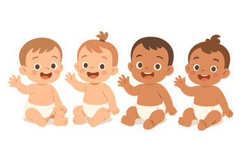 Adorable infants in diapers gathered together, surrounded by cheerful kids, with both girls and boys beaming and waving their hands, as depicted in a vector illustration set against a white