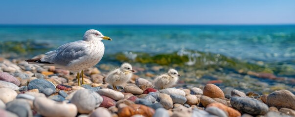 Fototapeta premium A seagull stands on a pebble beach with two fluffy chicks near the shore under a clear blue sky.