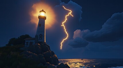 Stormy Night at Lighthouse with Dramatic Lightning Strike and Dark Cloudy Sky Over Calm Ocean Waves